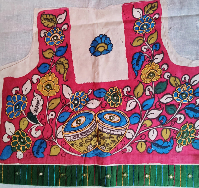 PEN KALAMKARI IKAT COTTON BLOUSE PIECE WITH CHIKANKARI & MIRROR