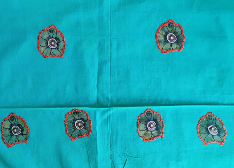 PEN KALAMKARI GREEN MANGALGIRI COTTON BLOUSE PIECE WITH CHIKANKARI & MIRROR