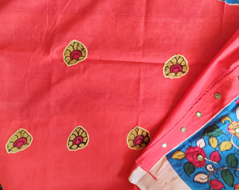 DULL RED PEN KALAMKARI MANGALGIRI COTTON BLOUSE PIECE WITH CHIKANKARI & MIRROR