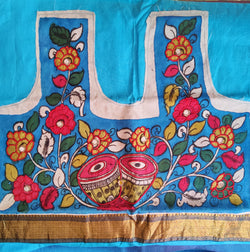 PEN KALAMKARI COTTON SILK BLUE BLOUSE PIECE WITH CHIKANKARI & MIRROR