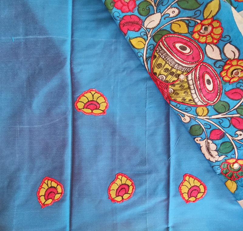 PEN KALAMKARI COTTON SILK BLUE BLOUSE PIECE WITH CHIKANKARI & MIRROR