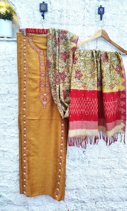 Mustard Moonga Silk Chikankari Kurta with Pen Kalamkari Silk Dupatta