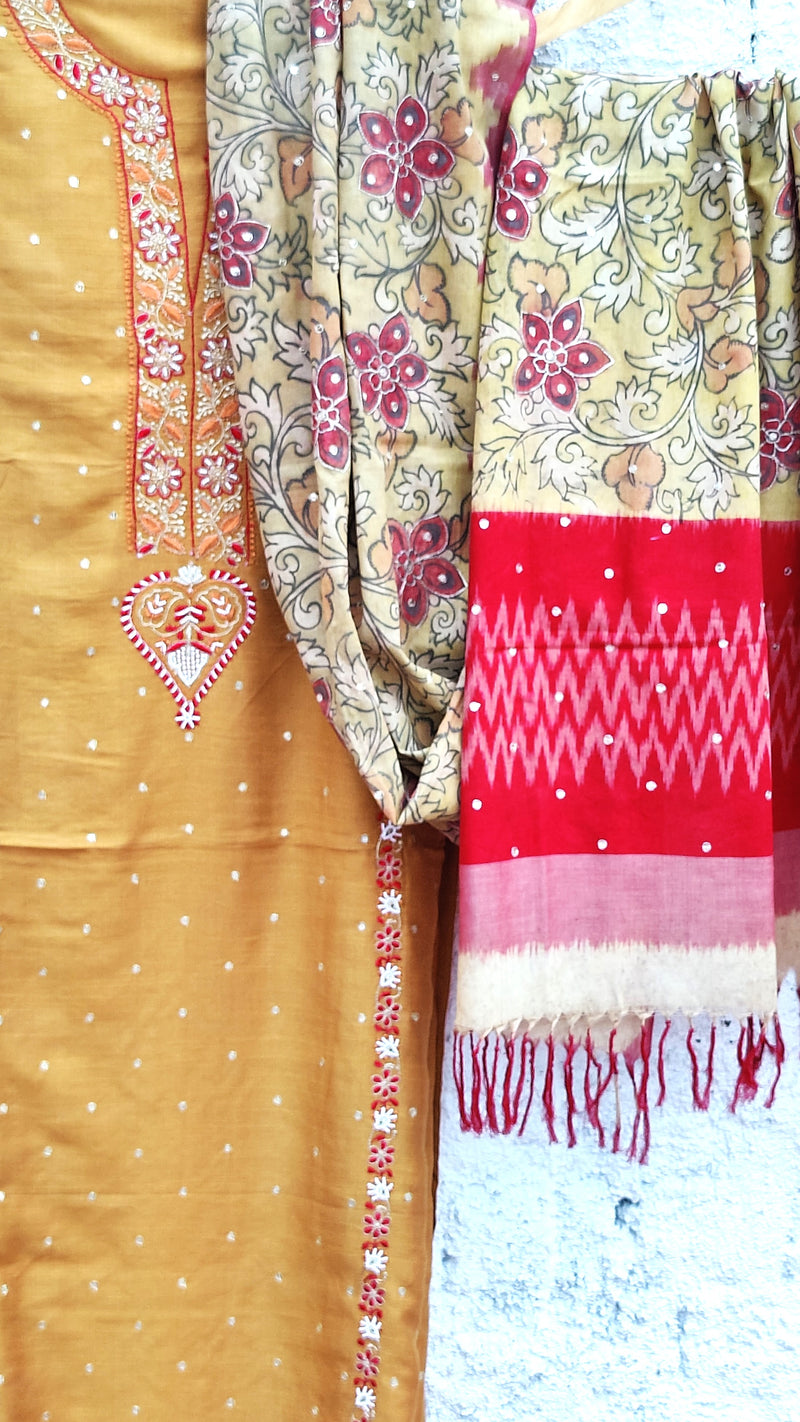 Mustard Moonga Silk Chikankari Kurta with Pen Kalamkari Silk Dupatta