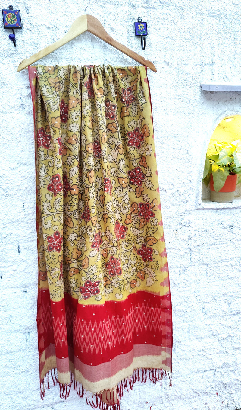 Mustard Moonga Silk Chikankari Kurta with Pen Kalamkari Silk Dupatta