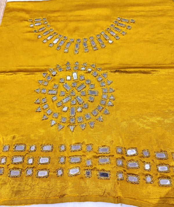 Mustard Mashru Silk Blouse Piece with Multi Colour Mirror Handwork
