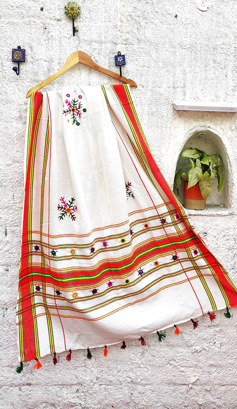 White Woollen Shawl with Barmeri Weave and Mirror Work